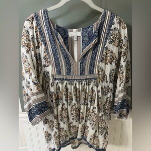 Lucky Brand Blue and Cream Floral Tunic Peasant Large